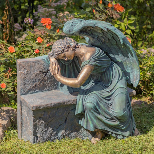 Angel Weeping On Garden Bench Statue